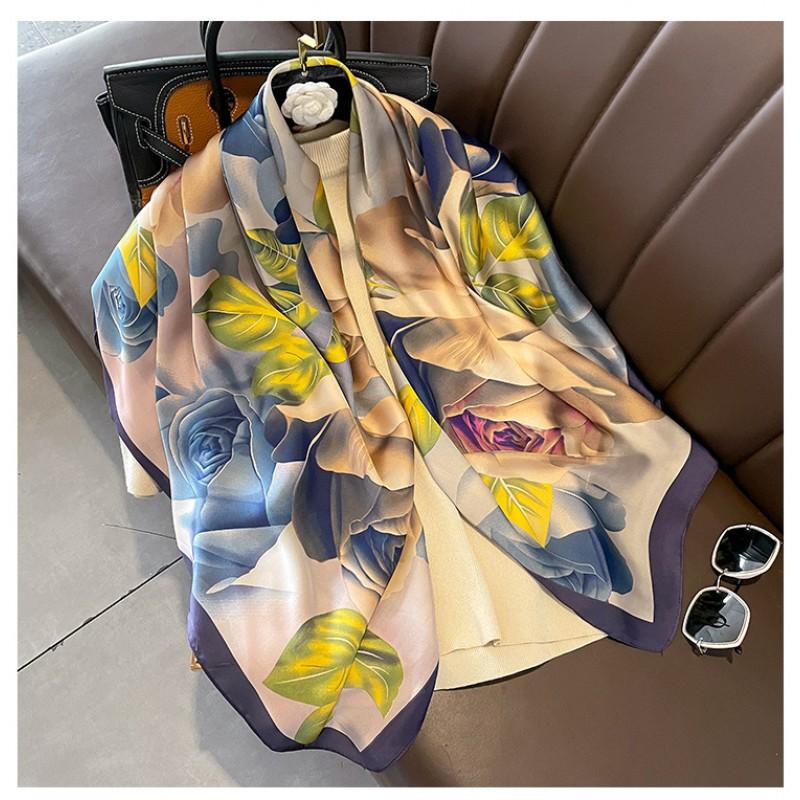 Large Square Scarf Women Lightweight Silk-Like Shawl Wrap Neck Floral Print Elegant Accessory