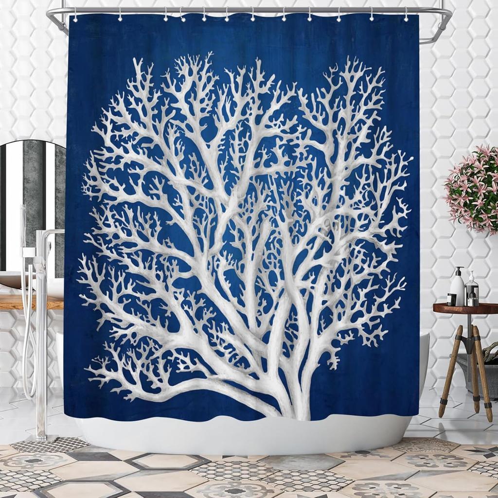 Nautical Shower Curtain Coastal Coral Bathroom Decoration Polyester Fabric Shower Curtain Orange and Grey 180x180cm