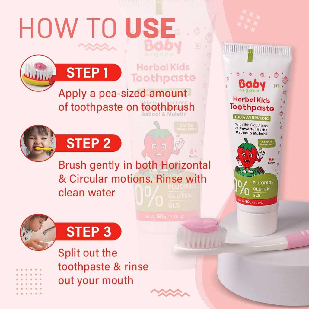BabyOrgano Ayurvedic Baby Toothpaste Natural Strawberry Flavour Kids Dental Care Protects Gums Cavity Defense 50g Pack of 1