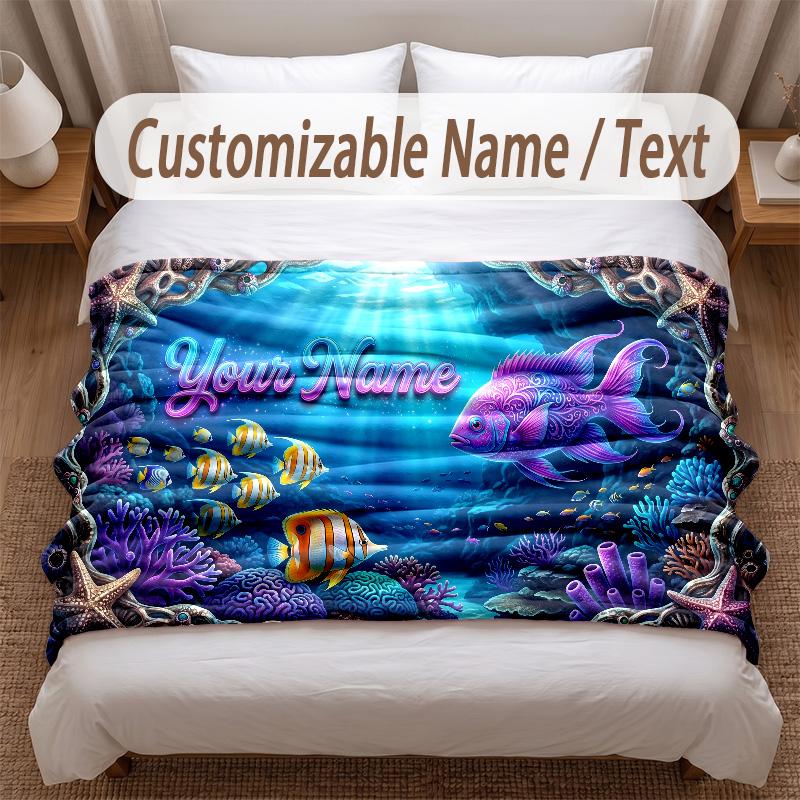 Fish Ocean Theme Soft Blanket Personalized Custom Name Text Print Warm Blanket Home Sofa Bedroom Decor