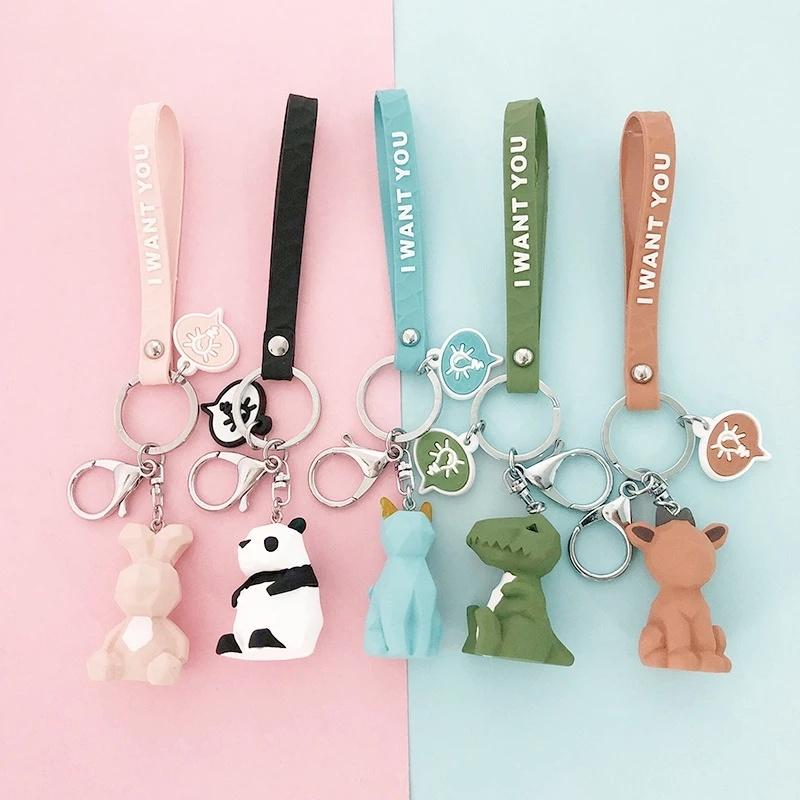 1 Pcs Creative Cartoon Geometric Faceted Dinosaur Panda Doll Keychain Couple Car Key Ring Backpack Hanging Gift