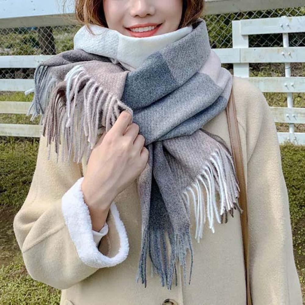 Polyester Knitted Wool Scarf Soft Long Neckscarf with Tassel Soft Classic Plaid Scarf  Women