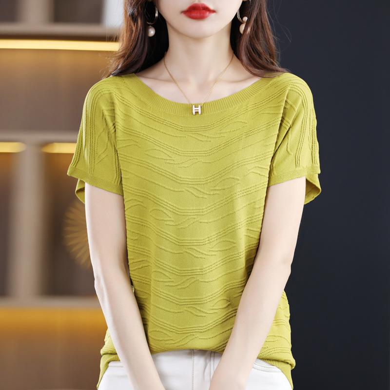 IHUASU Women's Short-sleeved O-neck T-shirt Loose Temperament Commuting Bottoming Spring and Summer Ice Silk Tops