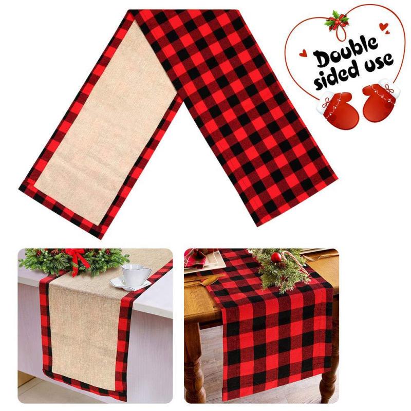 Double-Sided Chequered Linen Table Runner for Christmas Dinner Decorations
