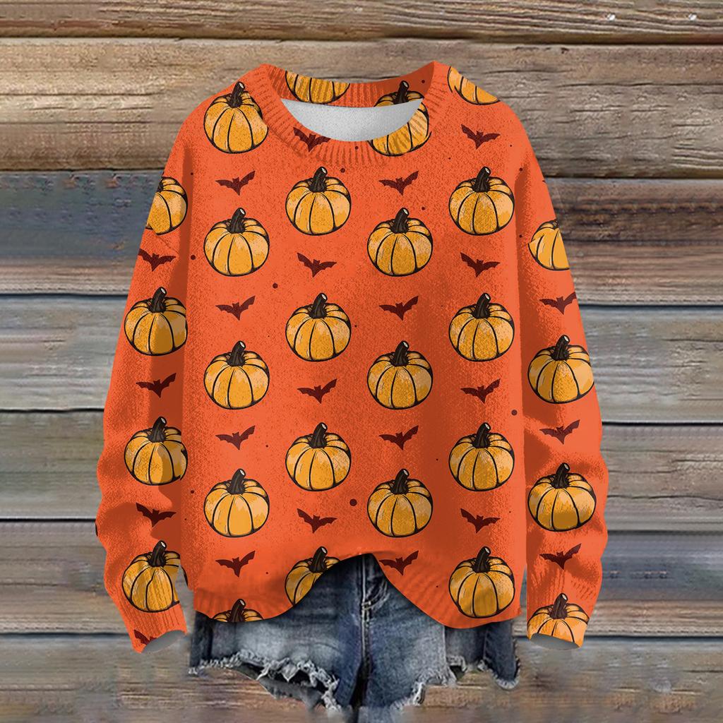 Ladies' Fashionable Casual Long Sleeved Halloween Printed Round Neck Knitted Yarn