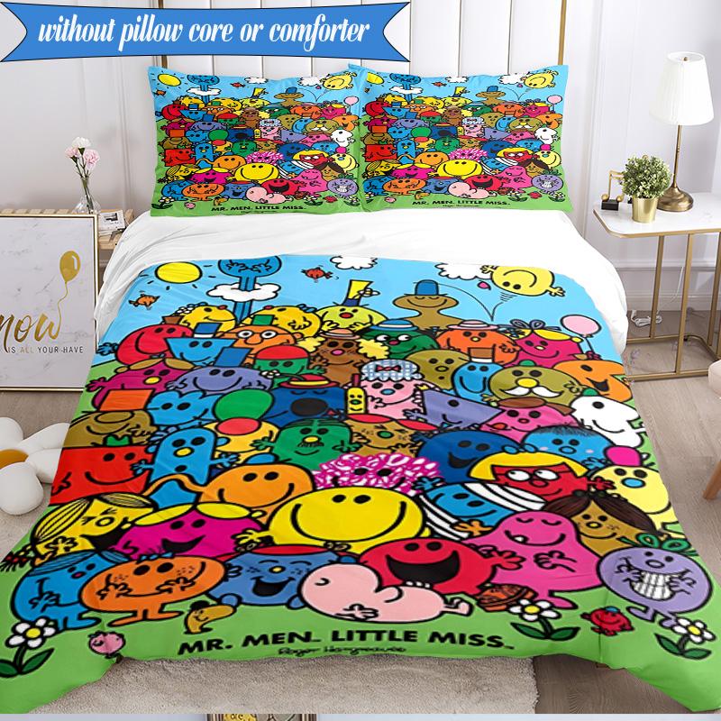 3PCS Mr Man Colorful Creatures Bedding Set 2D Printing (Includes 1 Duvet Cover + 2 Pillowcases Coreless), Bedroom decor,Fan gift