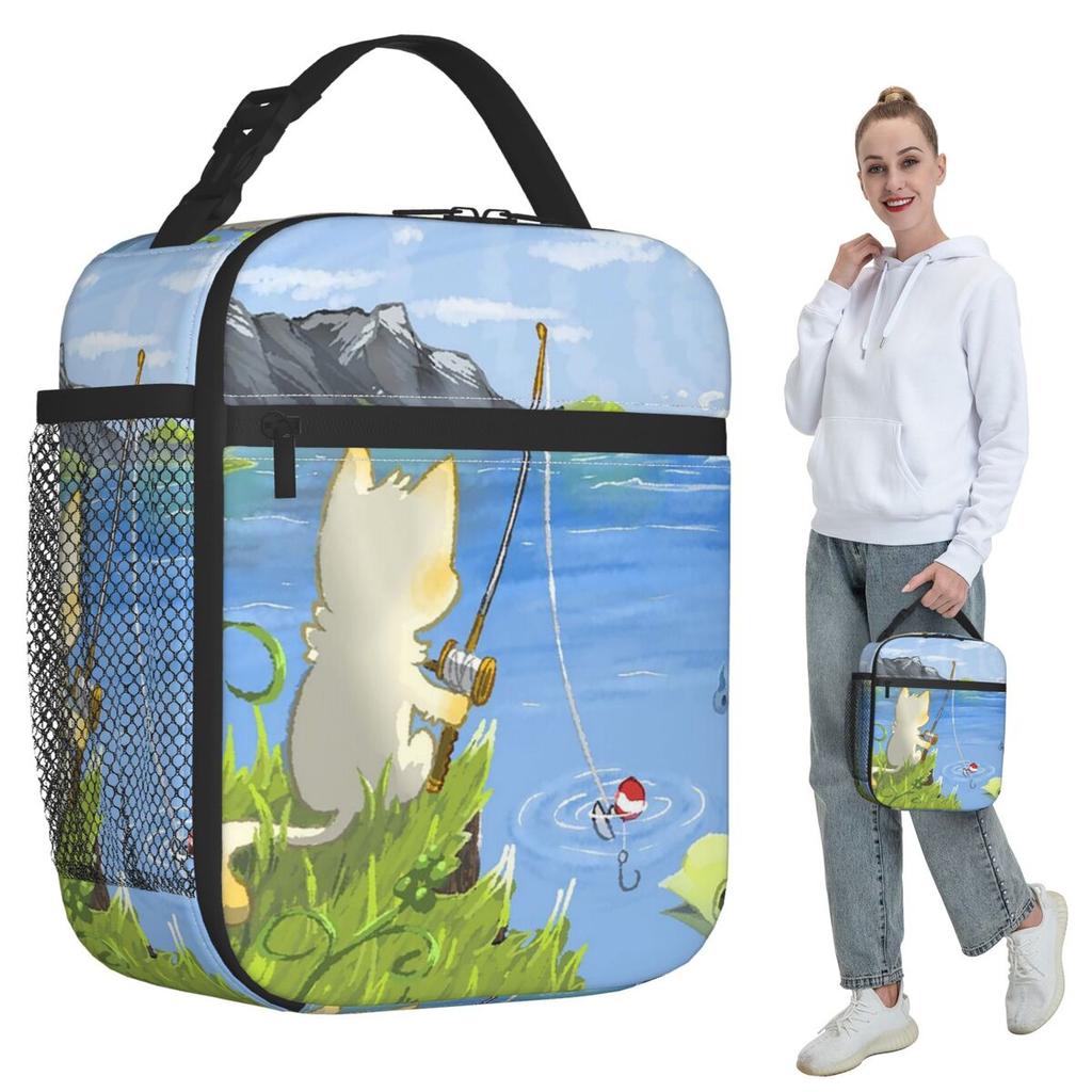 Cartoon Small Cat Fishing Insulated Lunch Bag for Kids School Cooler Thermal Food Box Tote Portable Lunch Boxes Container