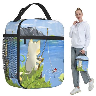 Cartoon Small Cat Fishing Insulated Lunch Bag for Kids School Cooler Thermal Food Box Tote Portable Lunch Boxes Container