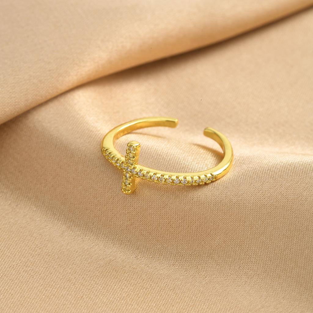 Cross Ring for Women 14k Gold Plated Sideway Cross Adjustable Open Ring Cubic Zirconia Jewelry