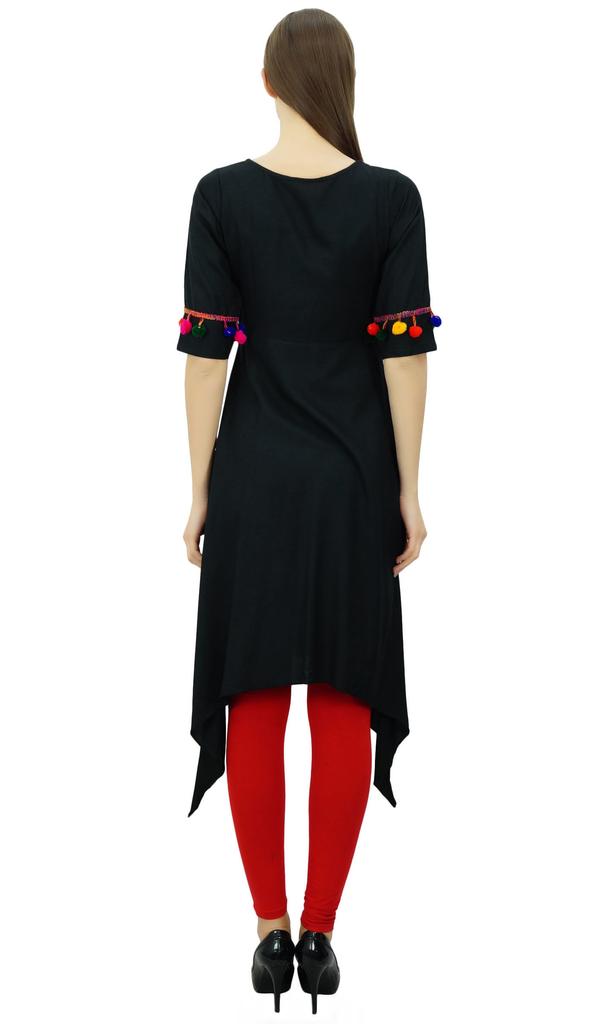 Phagun Angrakha Style Rayon Womens Tunic Kurta Pom-Pom Designer Kurti Top Indian