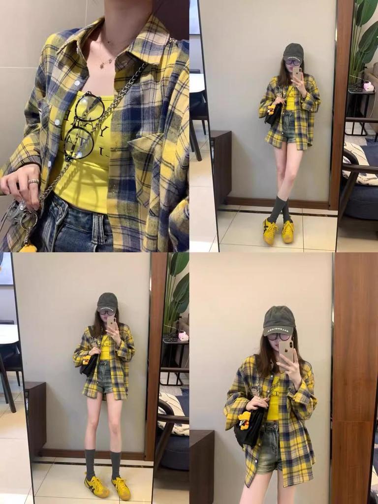 2024 Autumn Women's Versatile Egg Yellow Checkered Patchwork Long Sleeve Jacket