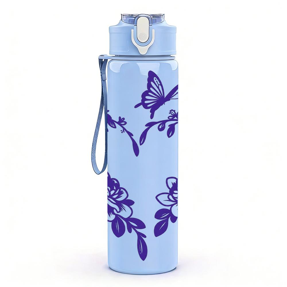 1PC Purple Floral Wreath Heart 750ml Color Plastic Sports Water Bottle Leakproof Flip Straw Lid Suitable for Sports Office Home Use
