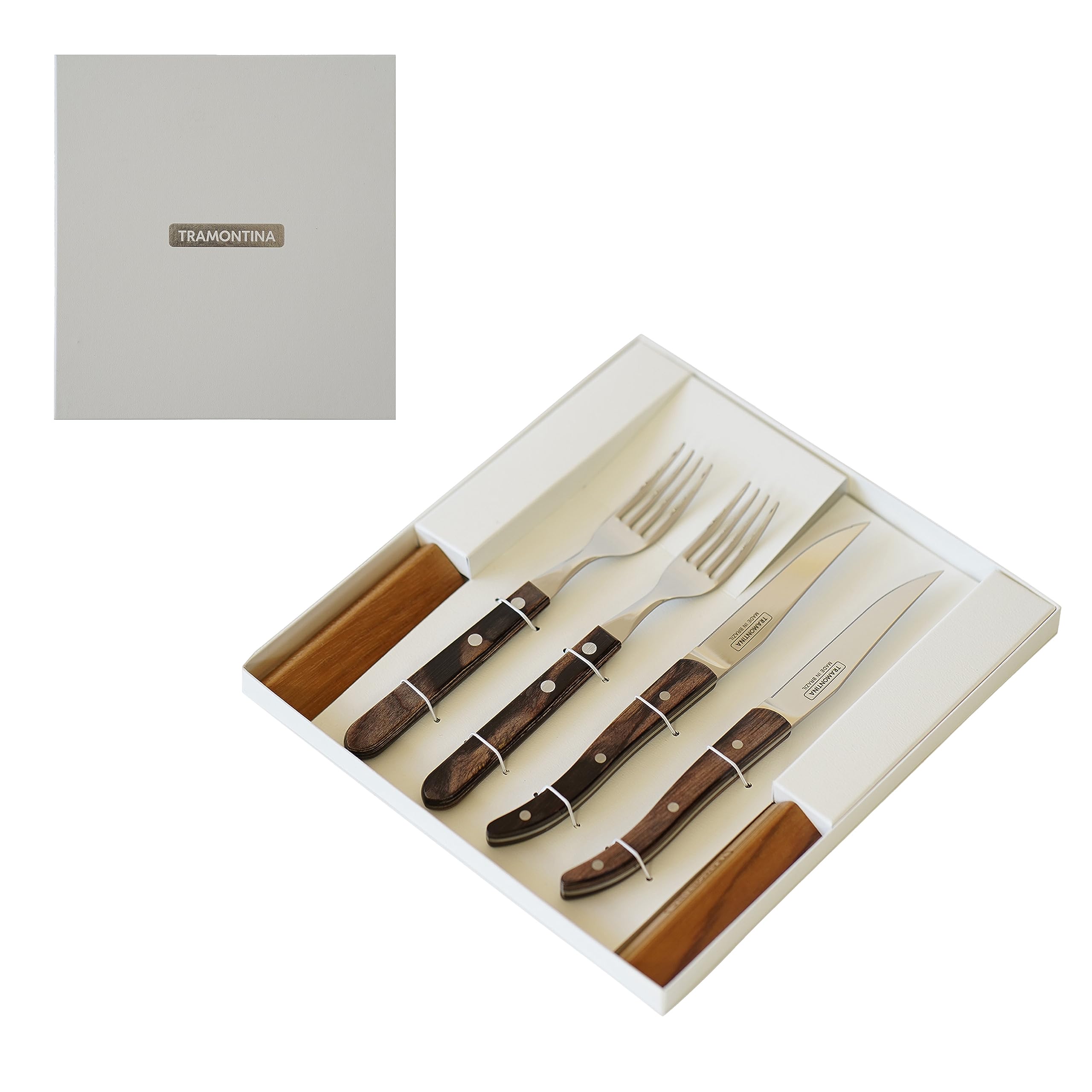 

Tramontina Polywood EU Набор ножей для стейка и длинных вилок из темного дерева с 2 столовыми приборами, можно мыть в посудомоечной машине, Сделано в Продукт TRAMONTINA [Подарочная коробка] и 4, Подставки, Безопасный,