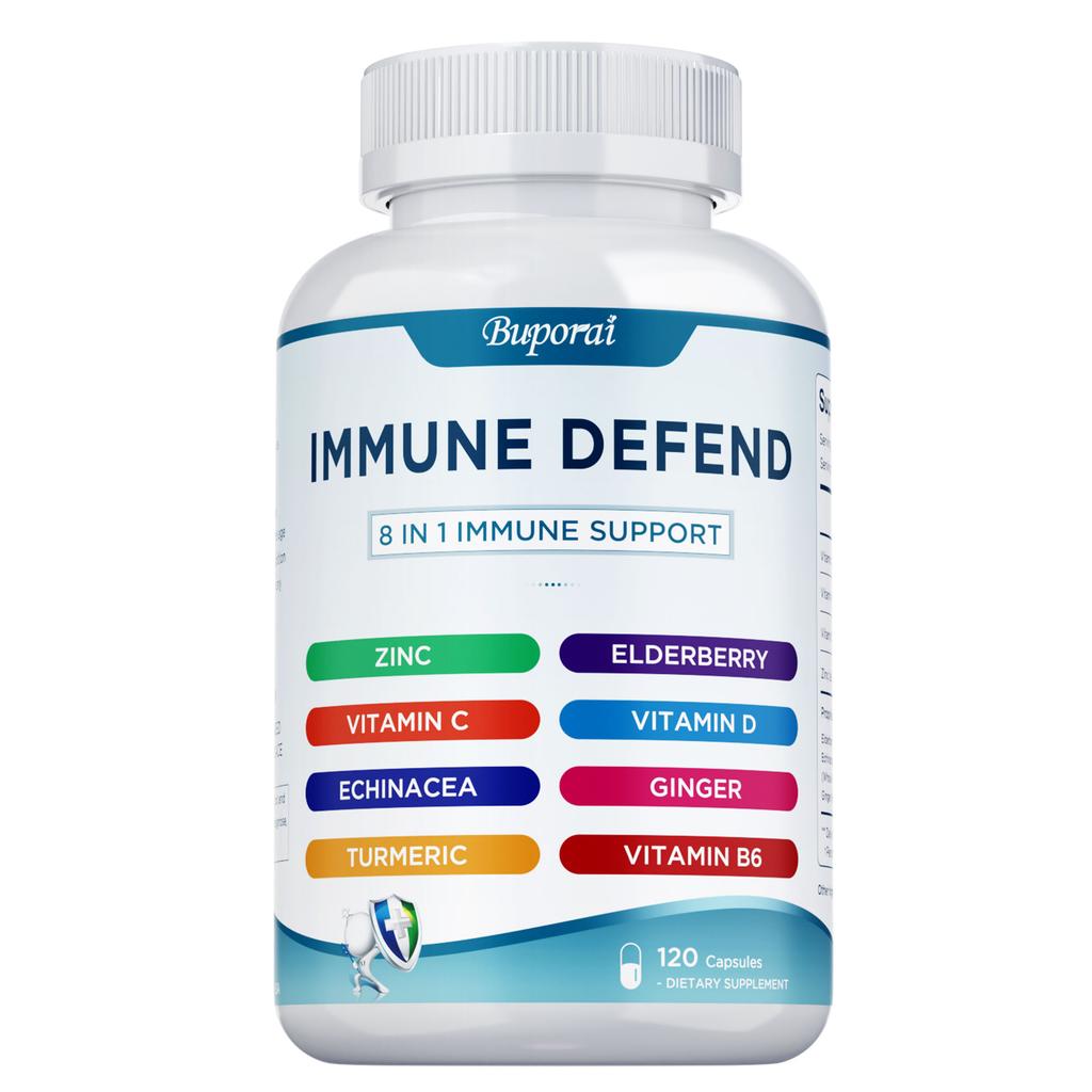Multivitamin capsules, containing zinc, elderberry, vitamin D3, turmeric, immune support, antioxidant support, suitable for adults.