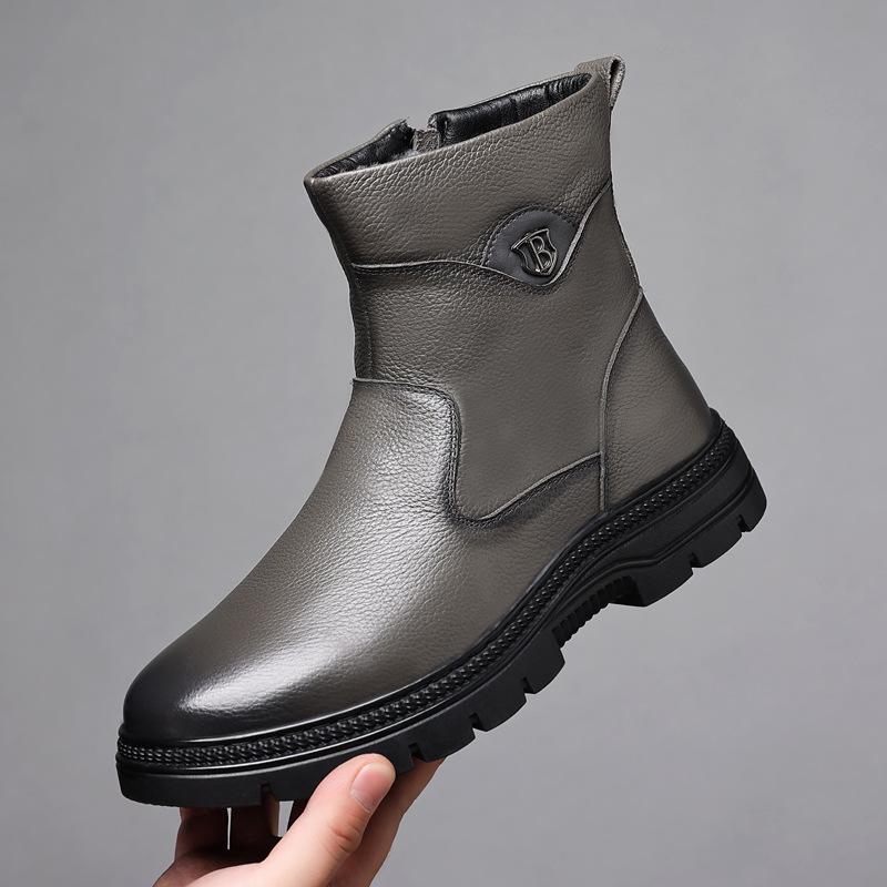 Winter First Layer Cowhide Men's Cotton Shoes Wool Snow Boots Velvet Warm Leather Boots Genuine Leather Middle-aged Leather Shoes Men's Shoes Thick