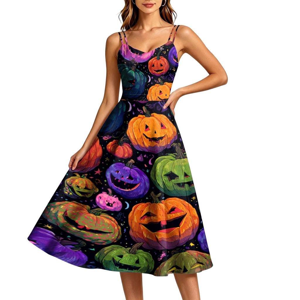 Women's Fashion Casual Sleeveless Round Neck Halloween Print Dress for Party and Daily Wear