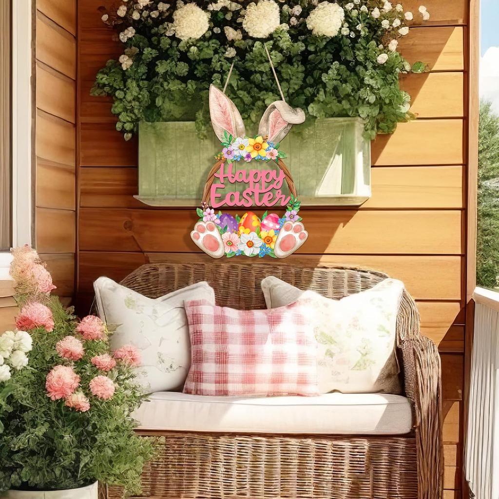 Wooden Easter Decoration Door Wreath for Front Door Sign Wall Signs Rabbit Spring Decoration, Hollow Bunny Sign Flower Egg Welcome Hanging for Home