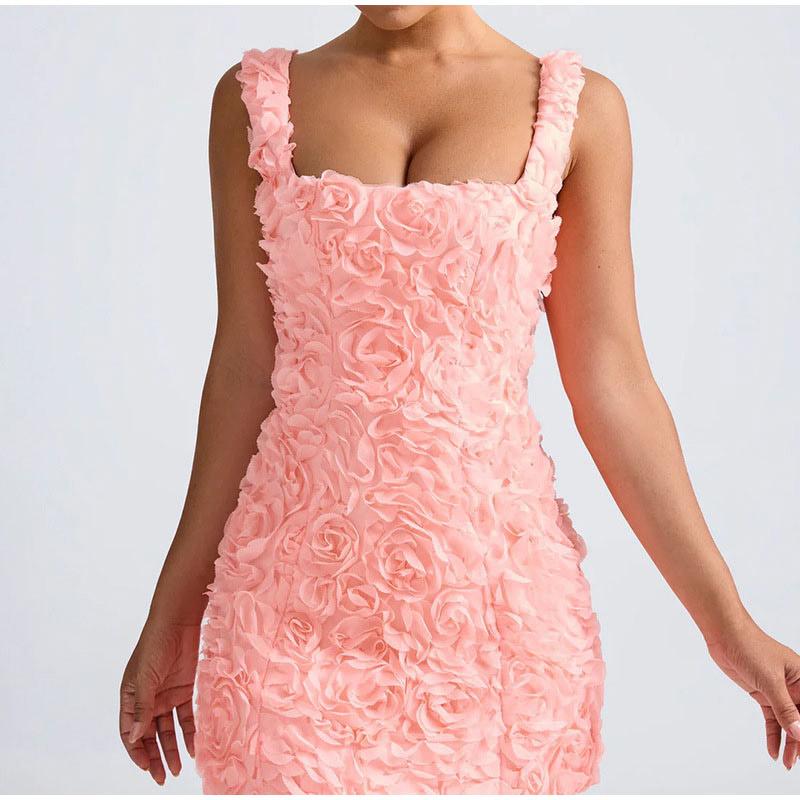 Summer 2025 Sexy Square Collar 3D Flower Slim Fit Sleeveless Strapless Short Dress Fashionable Women's Clothing Mini Dresses