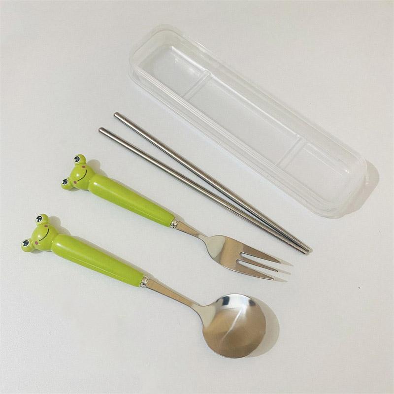 Cartoon Frog Cutlery Set Kids Stainless Steel Fork Spoon with Ceramic Handle Camping Picnic Flatware Utensil Set Tableware