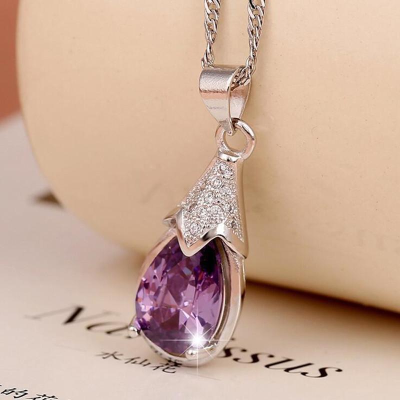 Buyee 925 Silver Female Stone Pendant Chain Natural Amethyst Necklace for Women Fashion Party Fine Jewelry Chain Gift