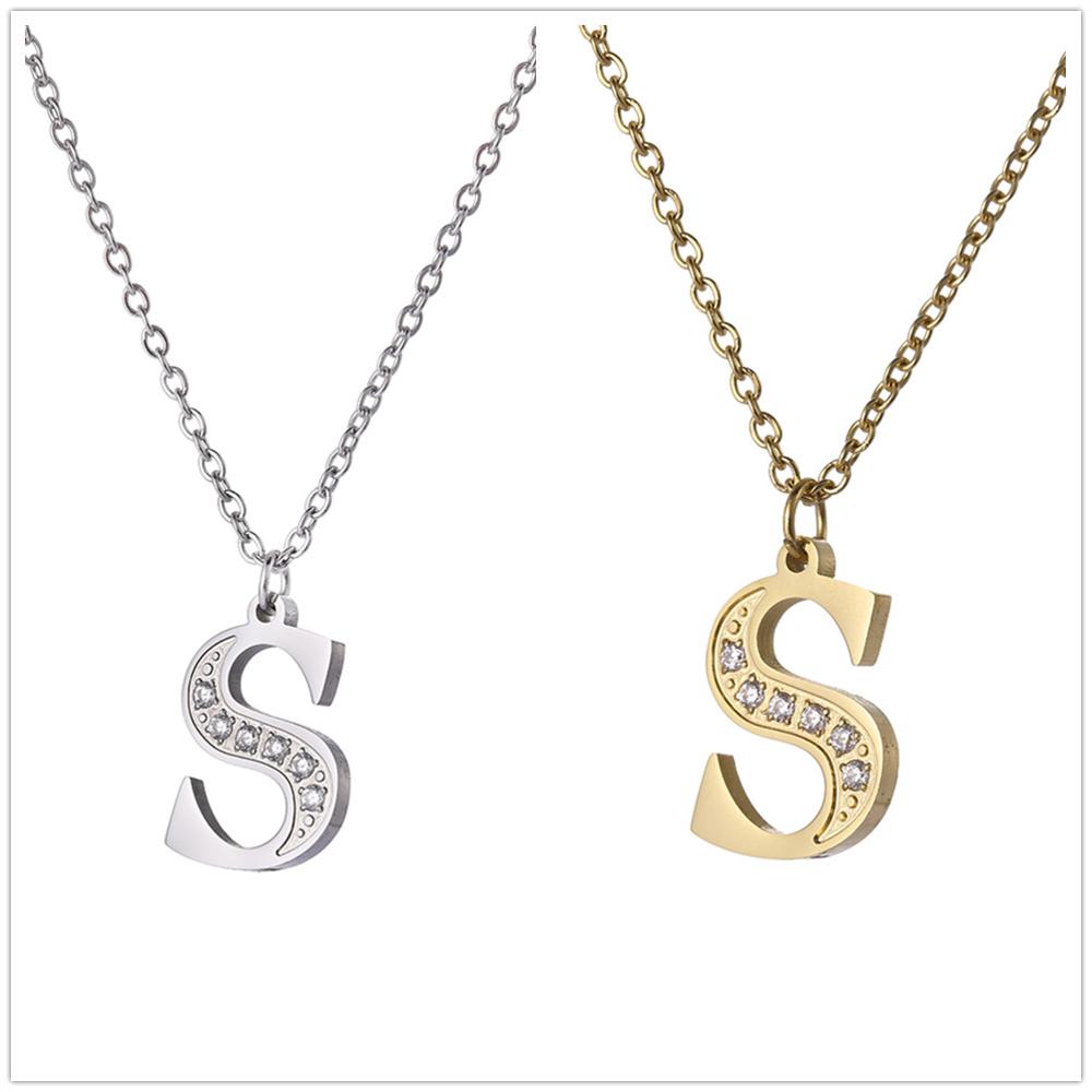 Women Clear Zircon 26 Letters Pendant Necklace Stainless Steel Gold A-Z Alphabet Choker Initial Necklaces Jewelry