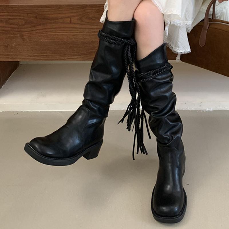 Fashion Eilyken 2025 New Winter Designer Tassel Woman Knee High Boots Fashion Round Toe Lace Up Square Heels Long Booties Shoes