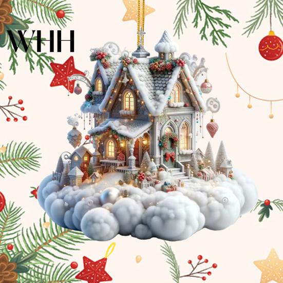 Holiday House Hanging Decor Christmas Pendant Acrylic 2D Flat Ornament Mini Snow-covered Cabin Cartoon Decoration for Tree Mantel Car Charming