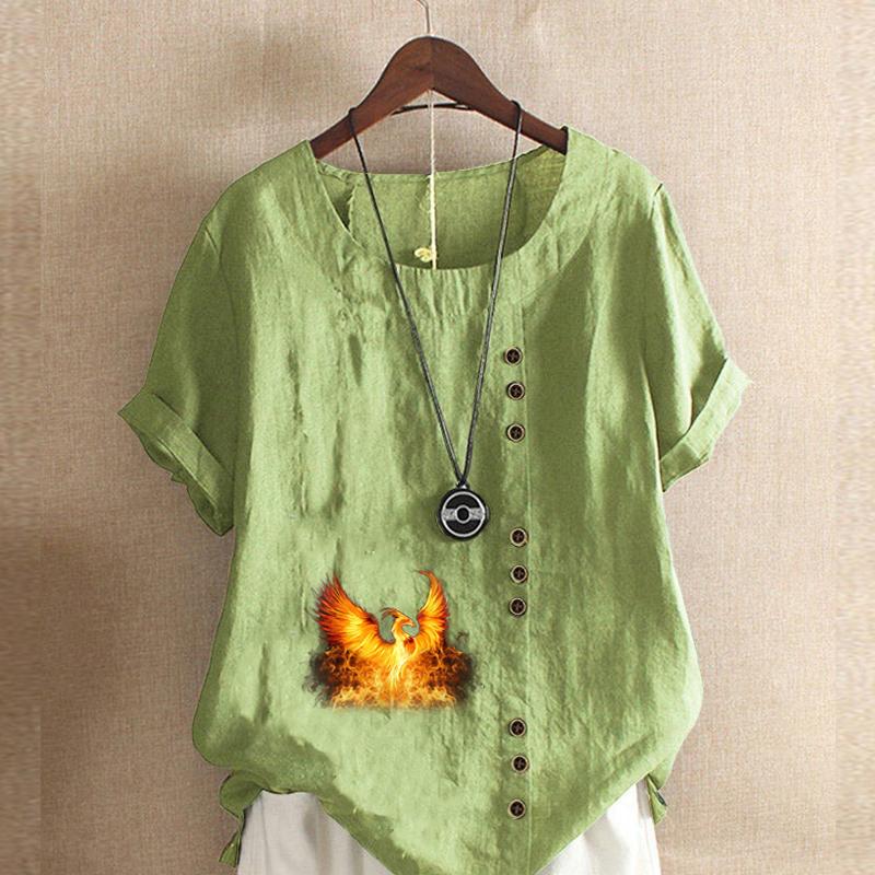 

Women s Fashion Fire Phoenix Prined Round Neck Short Sleeve T-shirt Casual Cotton Linen Graphic Shirt Leisure Loose Summer Blouse Tops 5XL зелёный