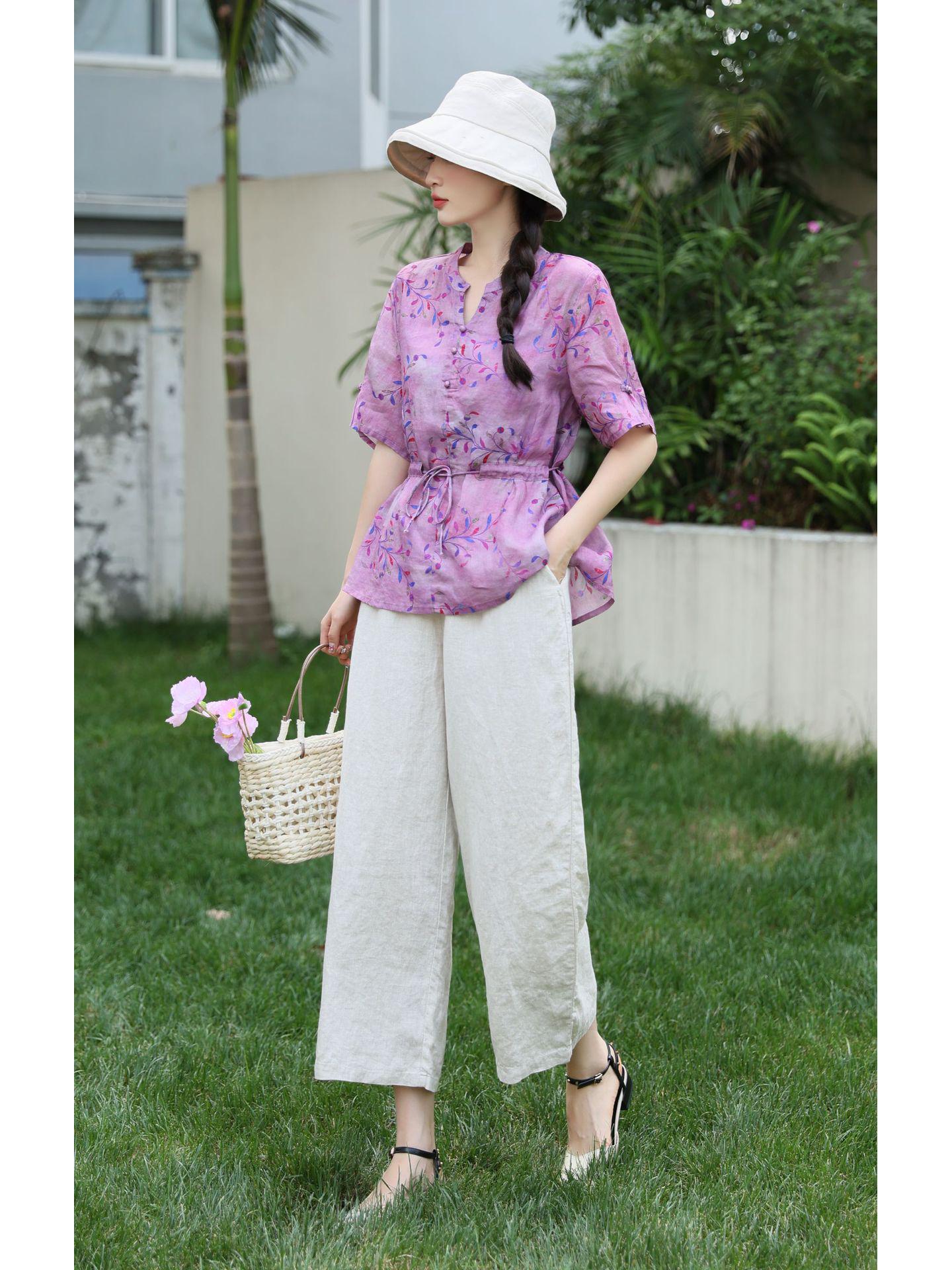 

Женский костюм из рами 2025: Летний комплект из двух предметов: повседневные брюки палаццо класса люкс M розовый