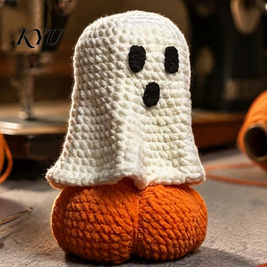 Halloween Shelf Decor Knitted Ghost Pumpkin Ornament, Handmade Cute Crochet Figurine, Fall Home Accents Festive Miniature Handicraft Ornament