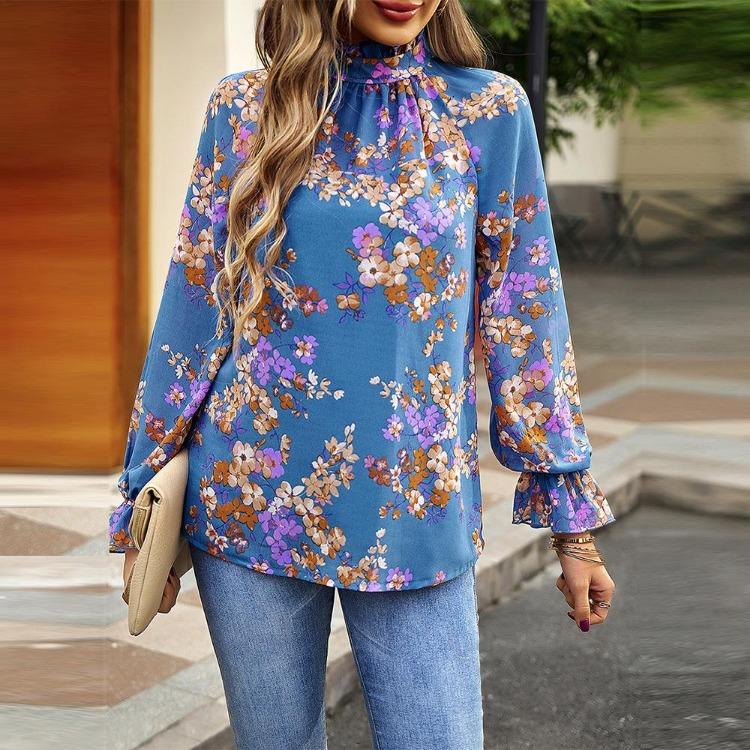 Autumn Women Blouse Floral Half High Neck Sleeve Lantern Tops Temperament Commuter Fashion