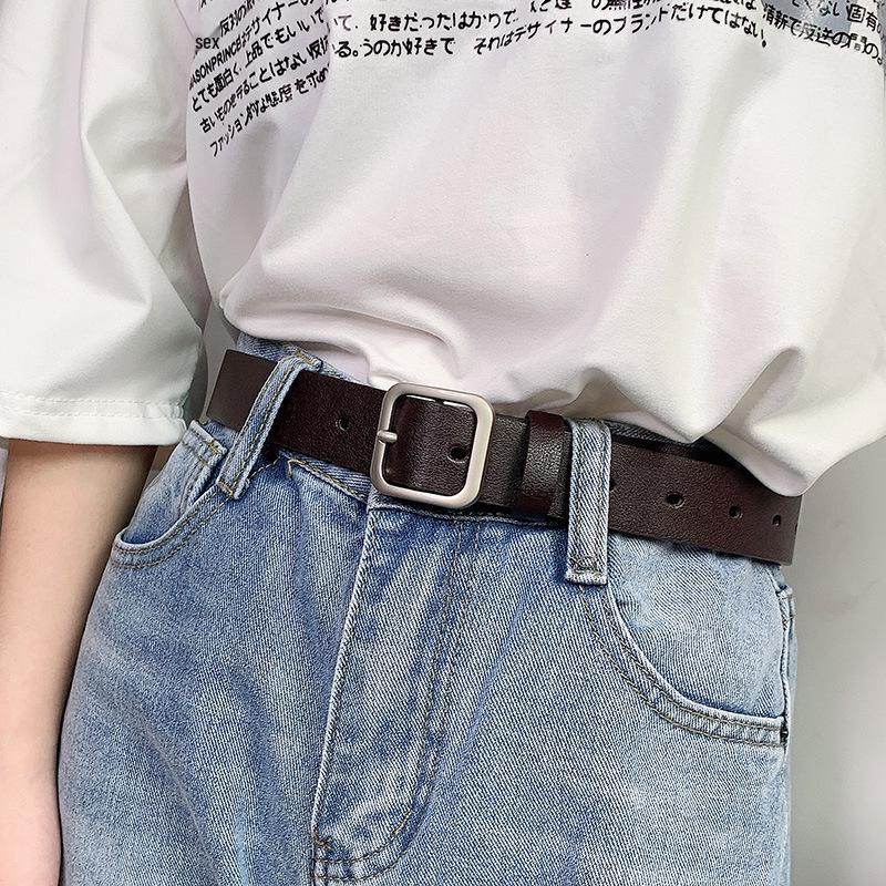 Korean Chic Retro Rectangular Silver Buckle Women's Wide Belt for Jeans