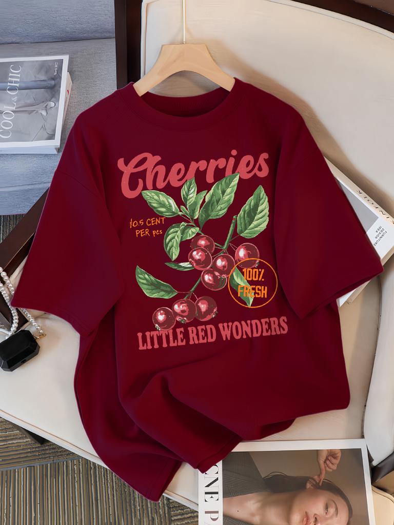 Wiśnie 100% Świeże Małe Czerwone Cuda Design Damska Koszulka Codzienna Luźna Koszulki Hip Hop Bawełna Odzież Sportowa Letnia Miękki Top