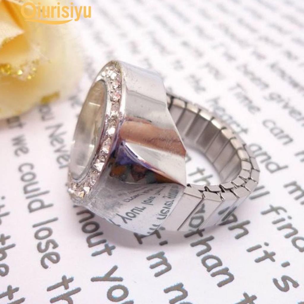 Women Round Case Shiny Rhinestone Alloy Quartz Finger Stretch Ring