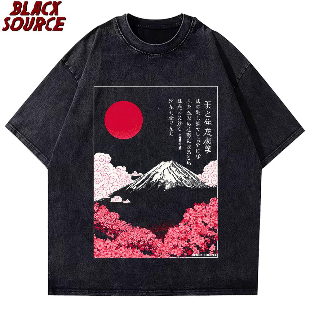 T Mount Fuji Cherry Blossoms Prints Washed TShirts Womens Cotton Short Sleeve Tops Summer ONeck Oversized T Shirt Basic