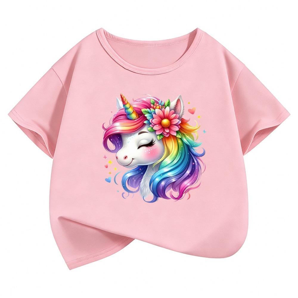 Fashion Horse with Rainbow Design T-Shirt Printed T Shirt Girls' Summer Clothes Short Sleeve Tops T-Shirts Cute Girls Clothing