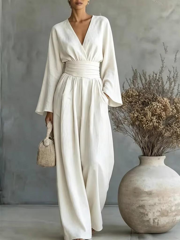 2026 Women's Solid Color V-Neck Waist Jumpsuit Long Sleeve High Waist Skinny Wide Leg Pants Vacation Set