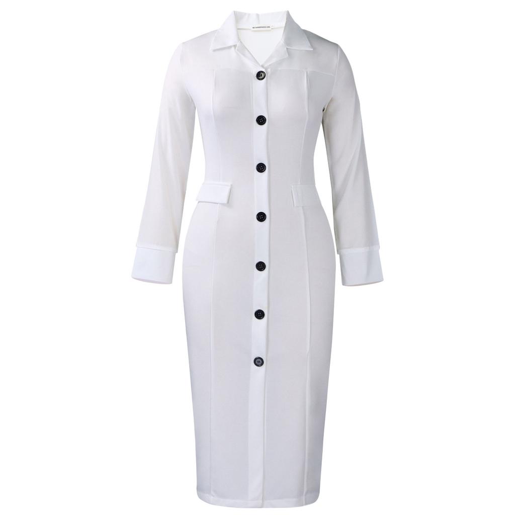 Women Elegant Business Long Sleeve Blazer Collar Patchwork Pencil Midi Dress