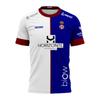 Voetbalshirt - Wit & Blauw met Bordeaux Rode Afwerking "HORIZONTE" Sponsorlogo's voor TRIOCAR Hoge Kwaliteit Voetbalkleding voor Fans