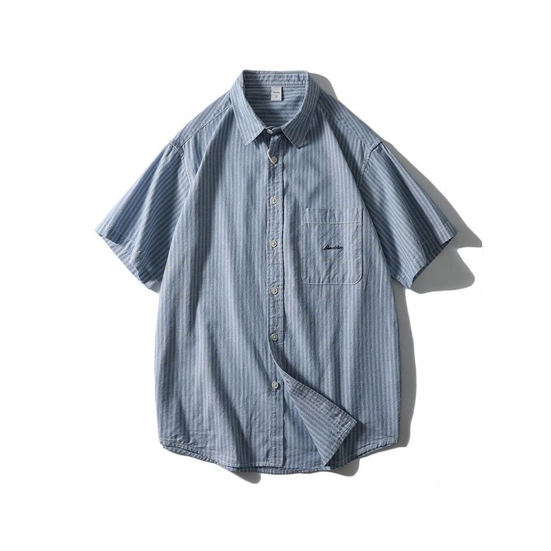 American Retro Style Pure Cotton Striped Short-Sleeve Shirt for Men, Summer Embroidered Jacket, Export Men s Clothing, All-Cotton Shirt Haze Blue 3XL