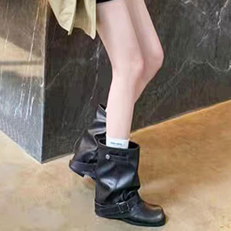 Spice Girls Pants Boots~ Inner Height Increasing Stylish Martin Boots Wasteland Wind Pleated Buckle Western Boots
