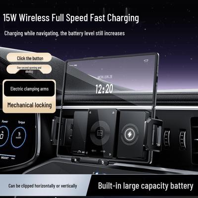 Electric Foldable Phone Holder with Wireless Charging & Clamping Arm for Horizontal/Vertical Car Mounting