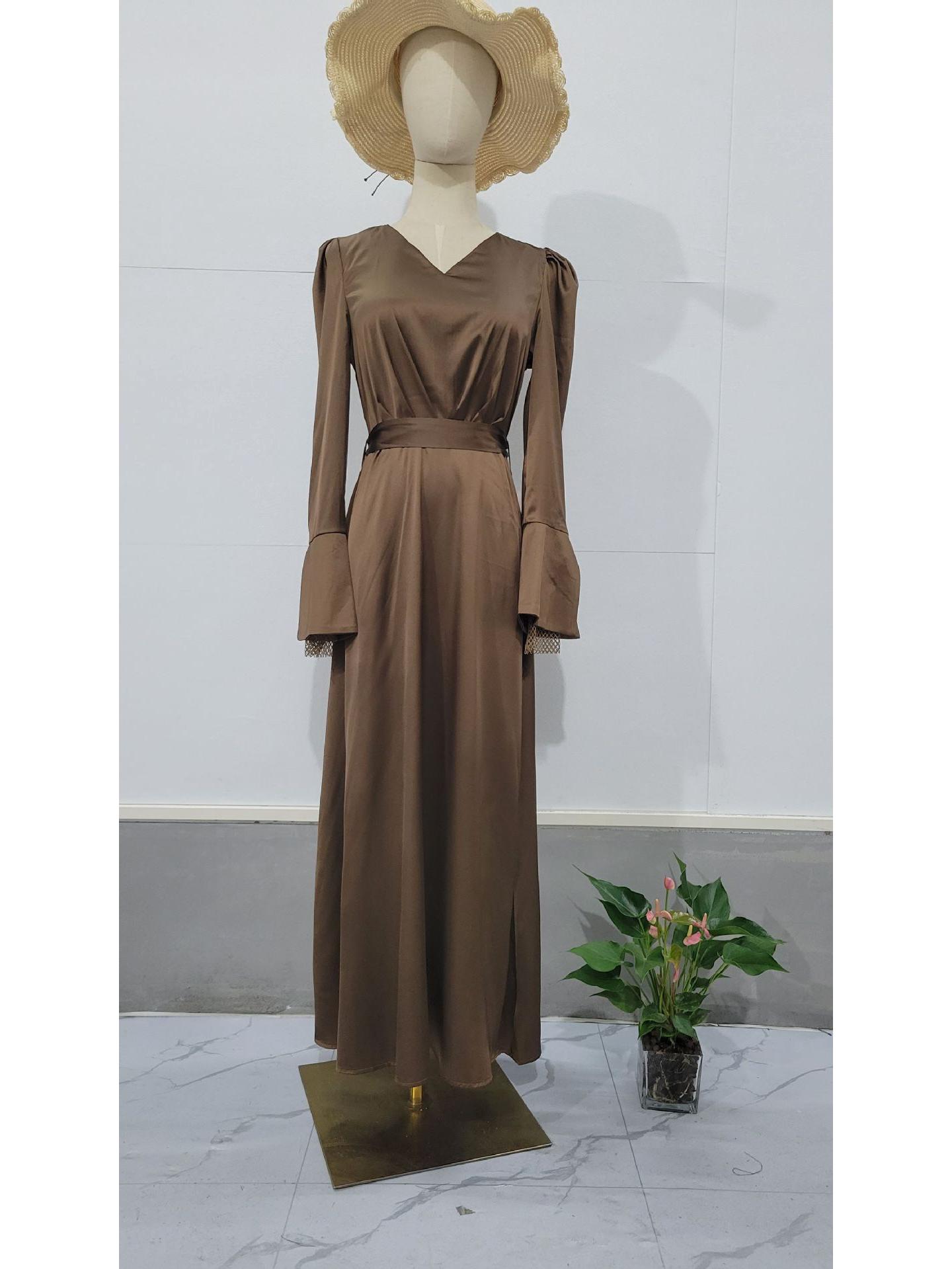 

Европейское ретро платье с V-образным вырезом и длинными рукавами-буфами XXL кофейный