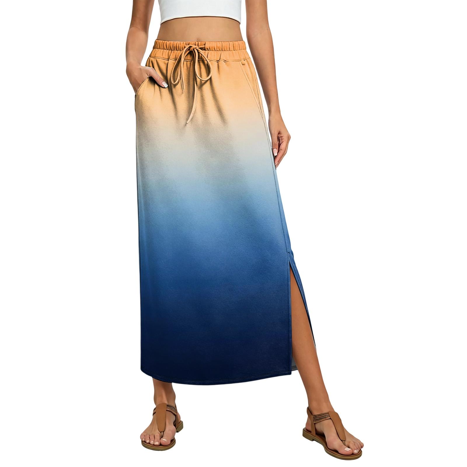 Ladies  Gradient Printed Elastic Waist Drawstring Pocket Skirt L