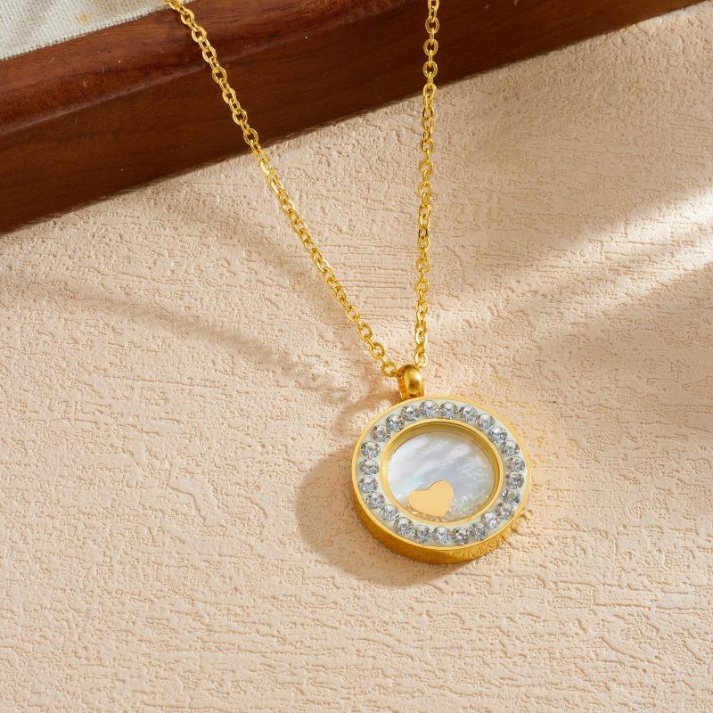 Gold Plated Stainless Steel Rotatable Mother of Pearl Heart Pendant Necklace for Women