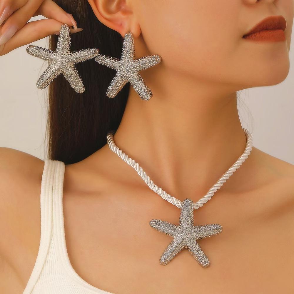 

Summer Ocean for Women-Starfish Shell Heart Necklace&Earrings,Beach Vacation Party Gift,Dainty Adjustable Chain Jewelry Set