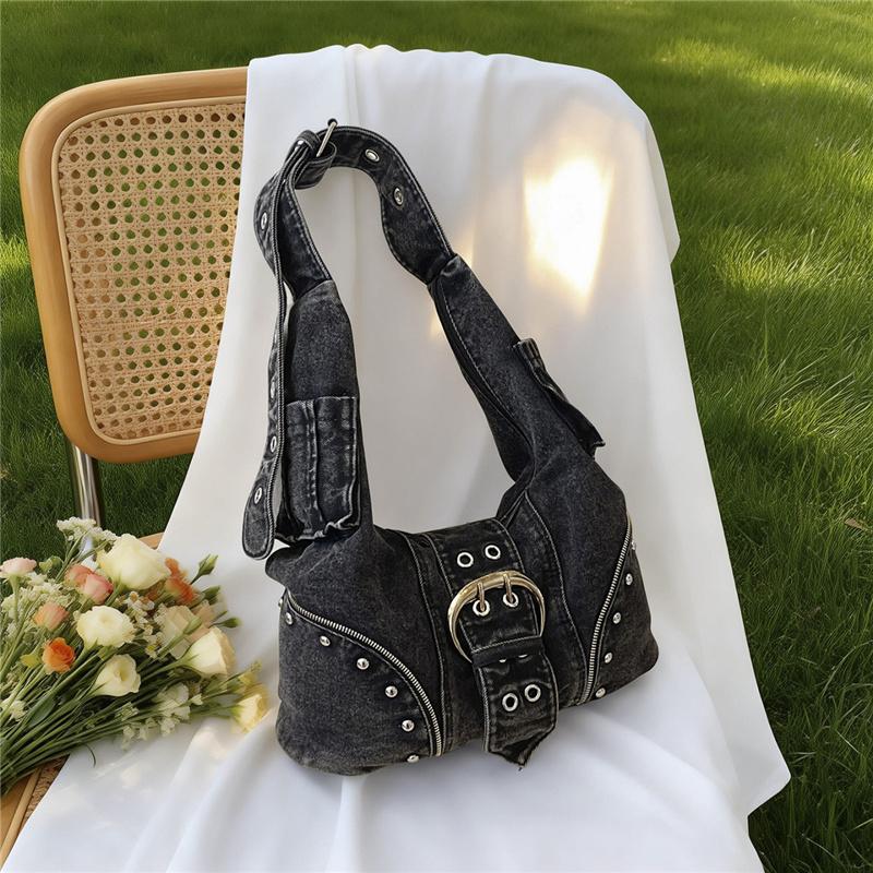 Lässige Denim-Hobo-Tasche mit Metallschnalle und Reißverschluss-Details