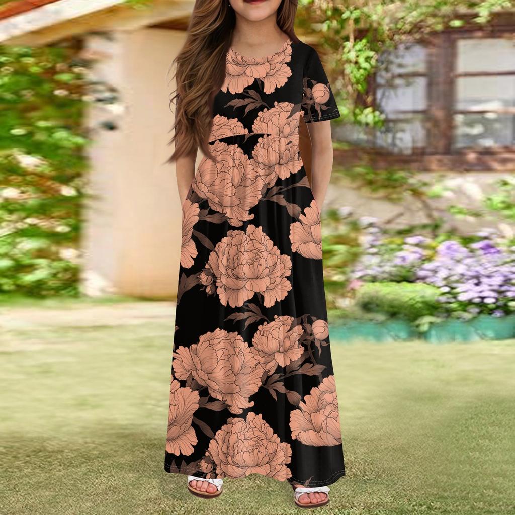 Girls' Long Summer Dress - Short Sleeve Pocket Maxi Dress For 4-14Y