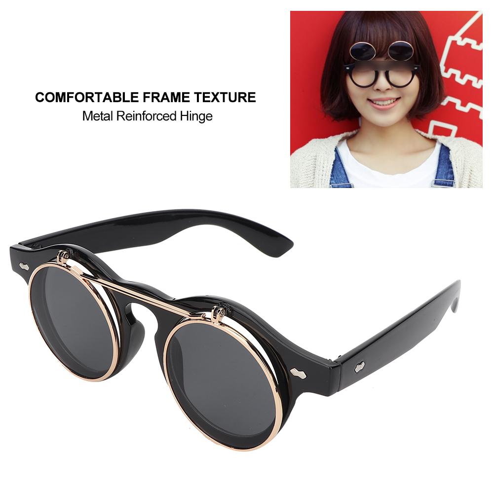 Personality Vintage Punk Style Flip Sunglasses Round Frame Flip Eyewear Eye GlassesBlack