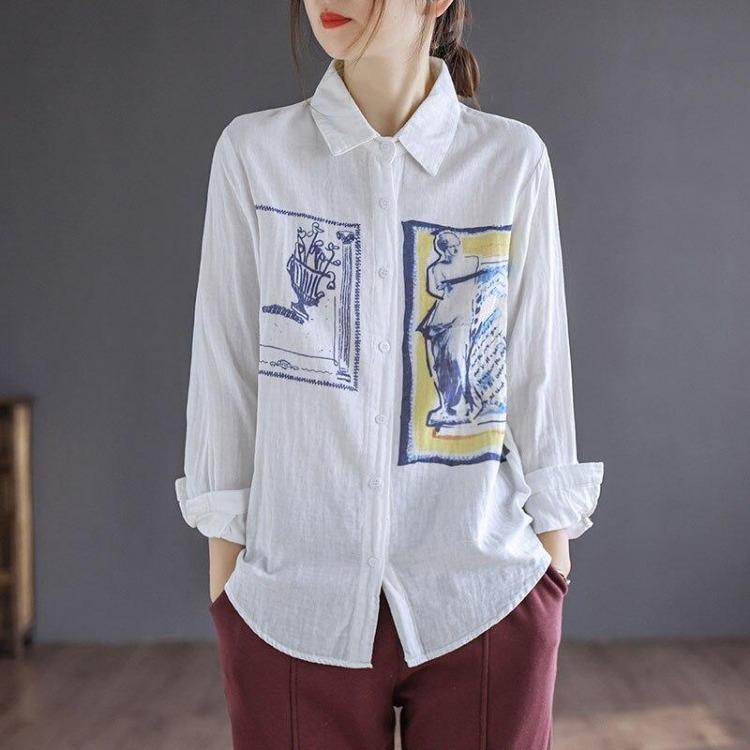 Vintage Floral Print Chinese Style Blouse Women Loose Long Sleeve Shirt Turndown Collar Casual Autumn Top